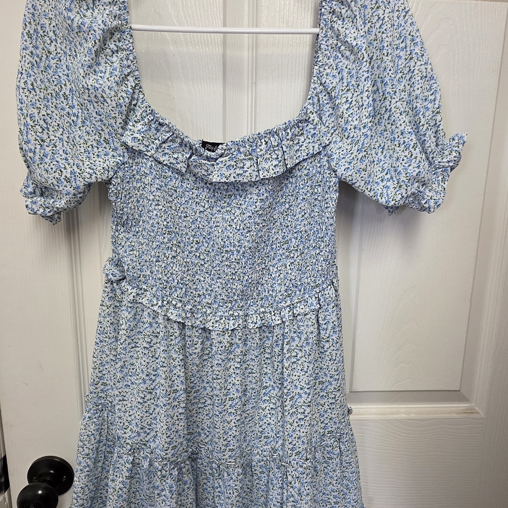 Floral Blue and White Dress with Puff Sleeves